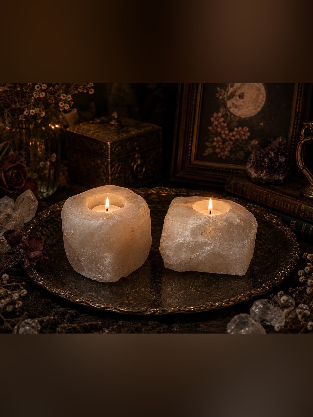 Raw White Selenite (Satin Spar) Stone Candle Holders Pair • Altar Ritual Light🕯️